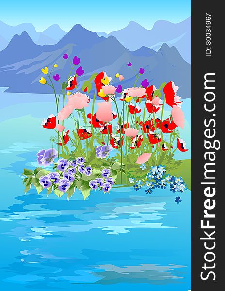 Landscape of mountains and lakes with blooming flowers. Landscape of mountains and lakes with blooming flowers