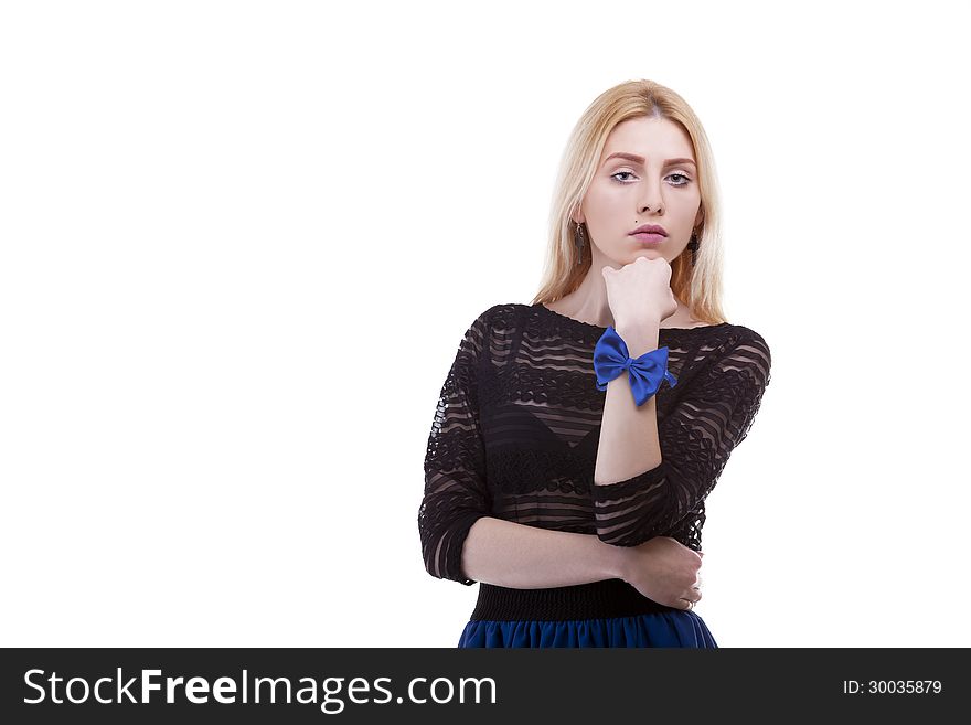 gorgeous girl with a blue bow at her hand isolated on white background studio shot. gorgeous girl with a blue bow at her hand isolated on white background studio shot