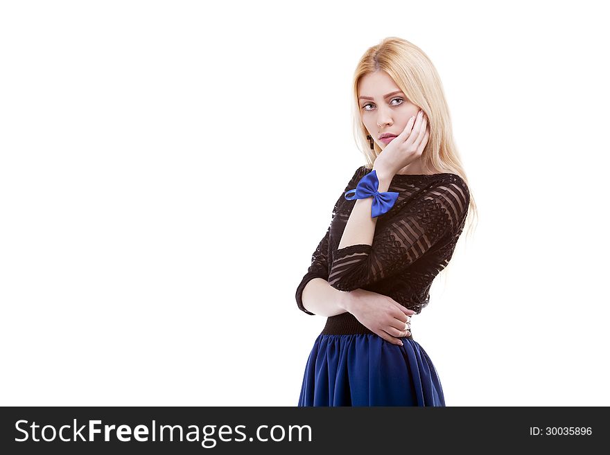 Sensual girl with a bow at her hand isolated on white background studio shot