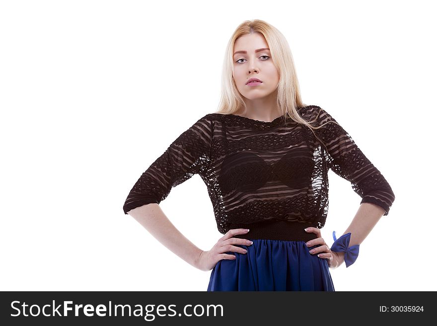 girl with a bow at her hand isoalted on white background. girl with a bow at her hand isoalted on white background