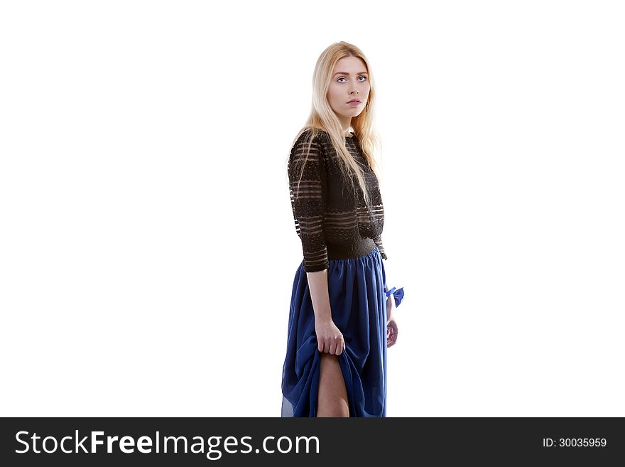 Young caucasian girl wearing a bow at her hand isolated on white background studio shot