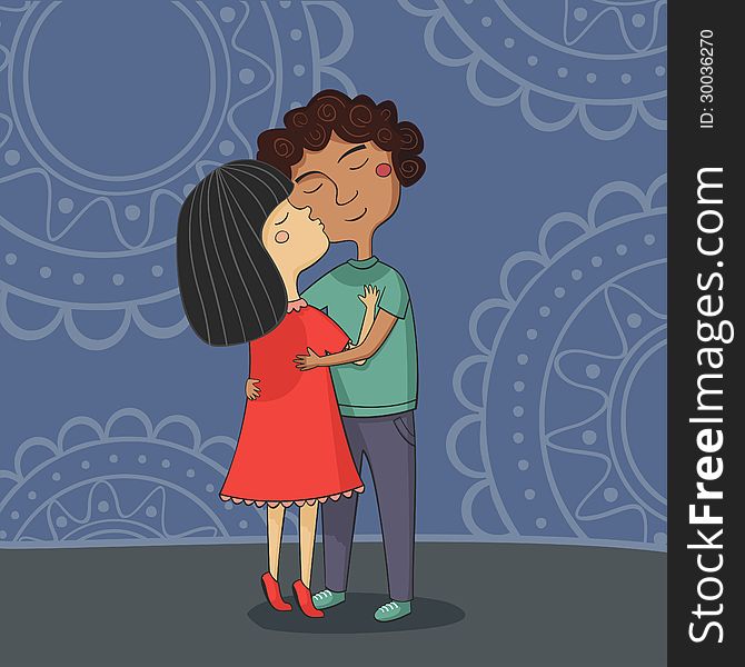 Illustration of multicultural boy and girl kissing on the cheek in hugs