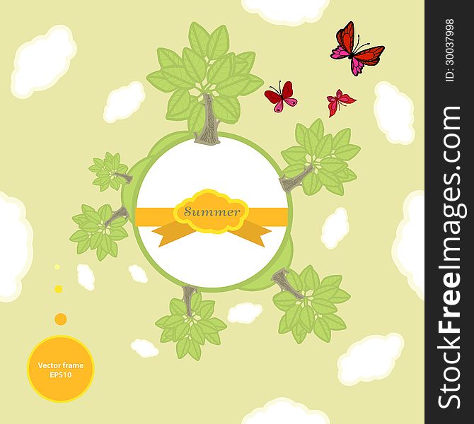 Vector illustration of summer round frame whith trees, clouds and butterflies. Vector illustration of summer round frame whith trees, clouds and butterflies