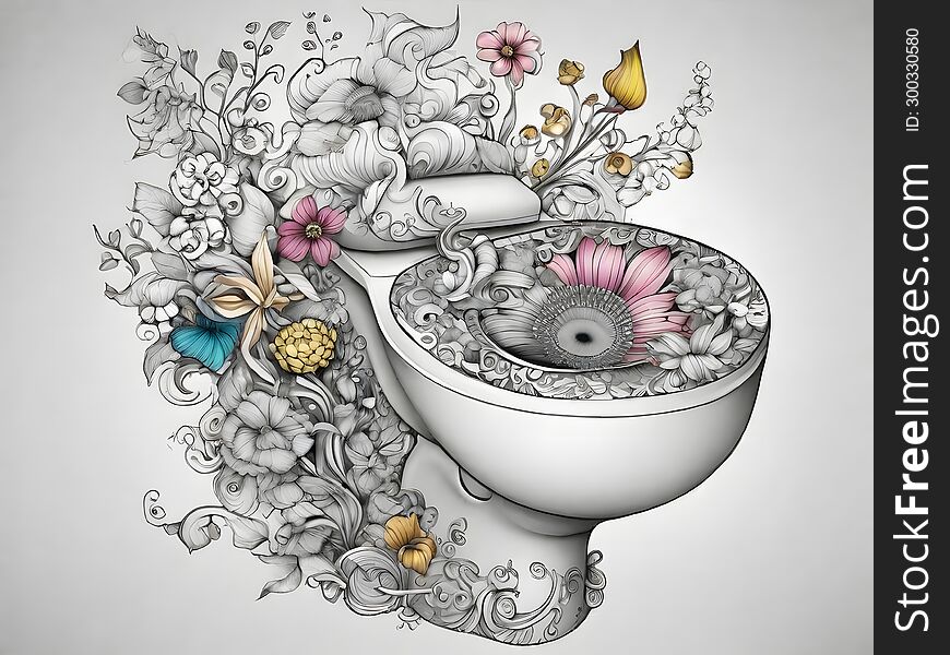 Graphic, drawing of a Fantastic toilet bowl with flowers. Symbolizes the cleanliness and beauty of the sanitary unit. Graphic, drawing of a Fantastic toilet bowl with flowers. Symbolizes the cleanliness and beauty of the sanitary unit.