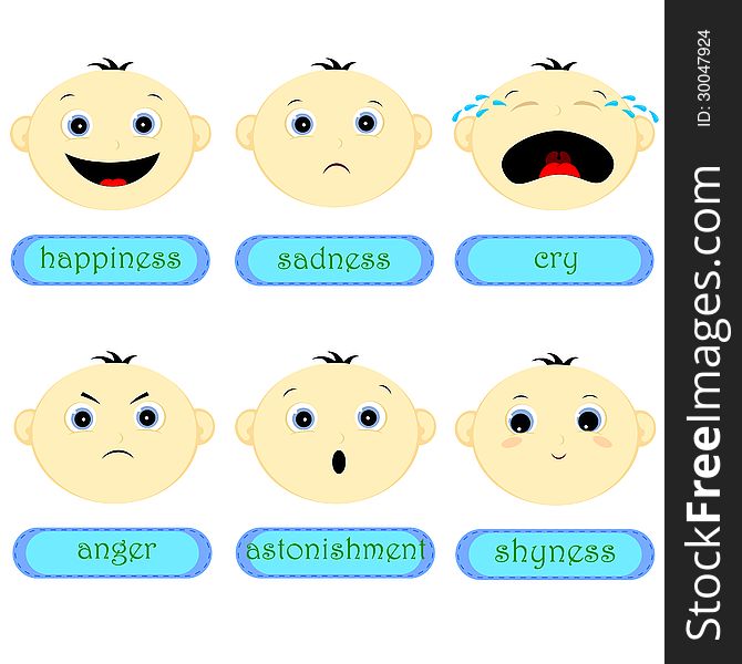 Six major childhood emotions with signatures on a white background. Six major childhood emotions with signatures on a white background