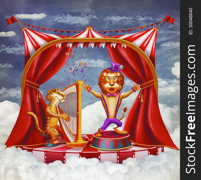 Сircus with tent, a tiger playing on a harp and singing a lion