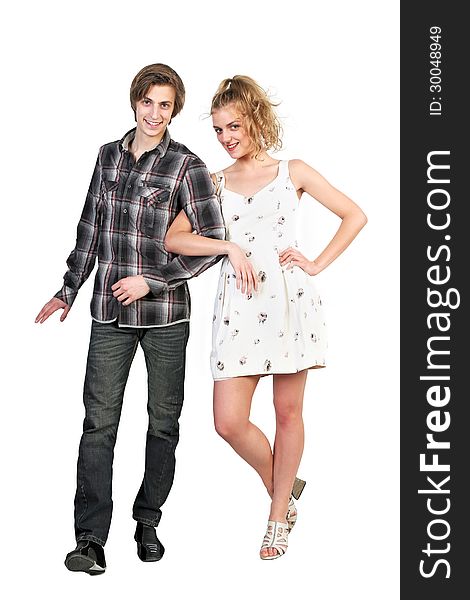 Portrait of young happy caucasian couple on white background