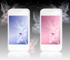 Two White Mobile Phones With  Ladybird On Abstract Royalty Free Stock Image