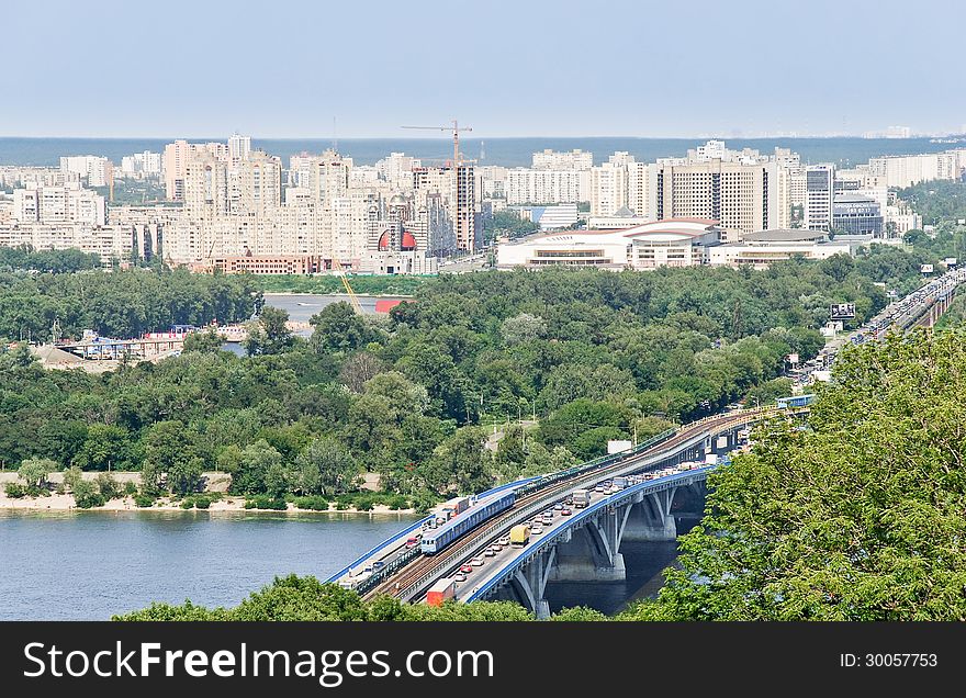 Kiev, Ukraine, the bridge over the Dnieper, the left bank. Kiev, Ukraine, the bridge over the Dnieper, the left bank