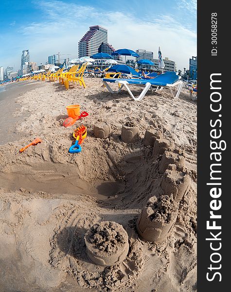 Children S Toys In The Sand At The Beach.