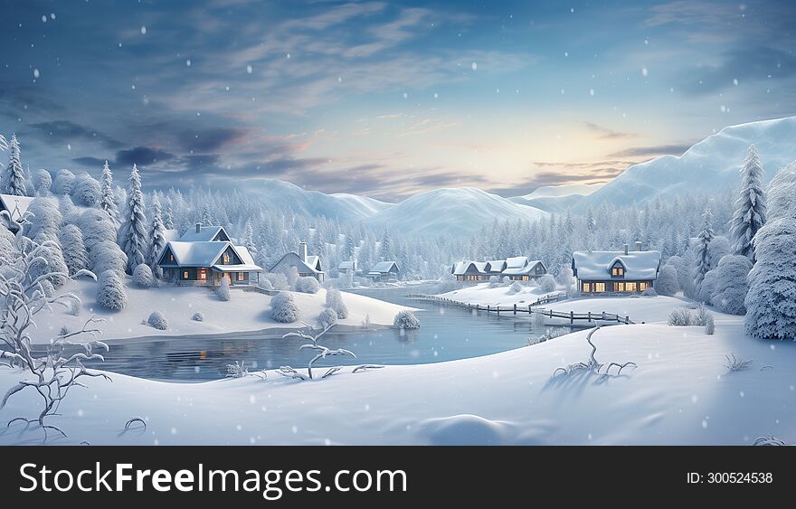 Panoramic View Of Cloudy Sunset Winter Of Snow Village