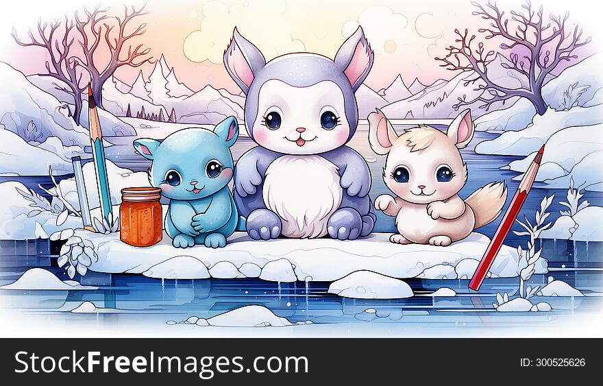 The illustration of three Fantasy creature in the snowing lake river with for kids book. The illustration of three Fantasy creature in the snowing lake river with for kids book