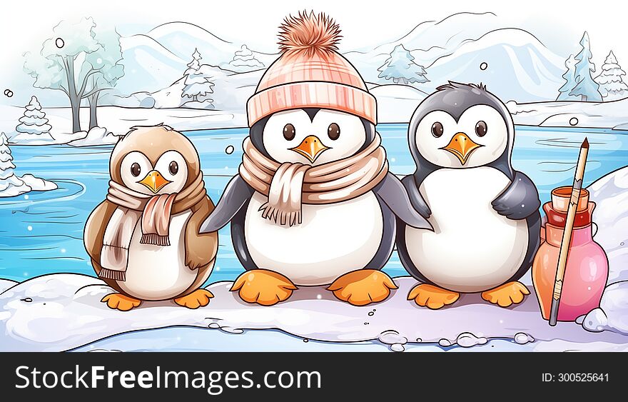 Kid book illustration of snowing Pinguin 2D