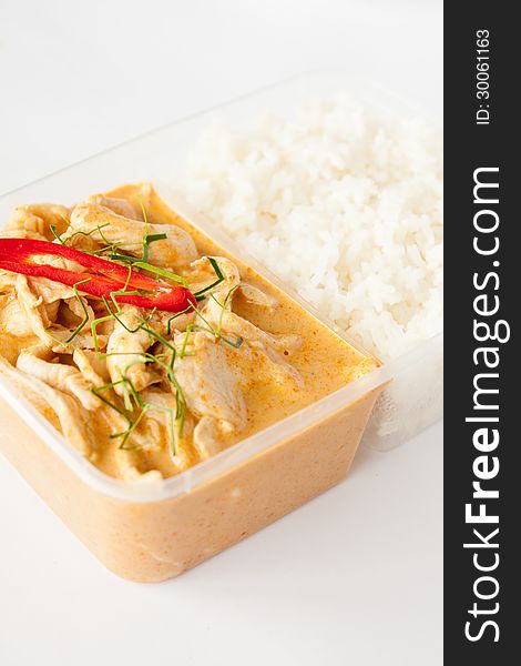 Thai take away food, panang curry with rice