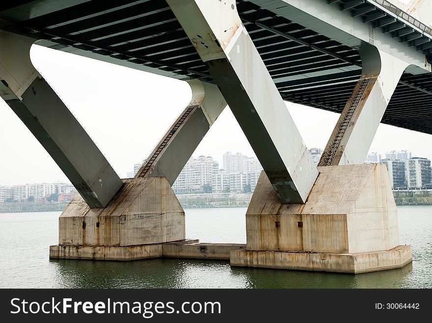 The reinforced concrete pier on river at close range