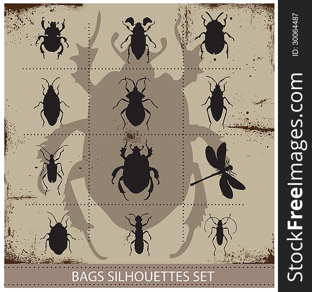 Insect and bags silhouettes sign set black color