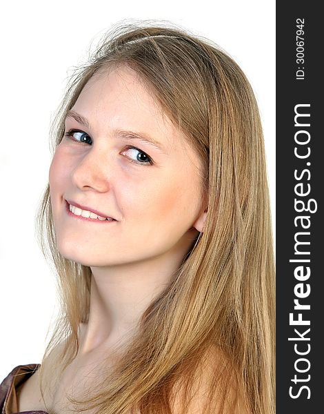 Close-up studio portrait of young cute woman. Isolated on white background. Close-up studio portrait of young cute woman. Isolated on white background