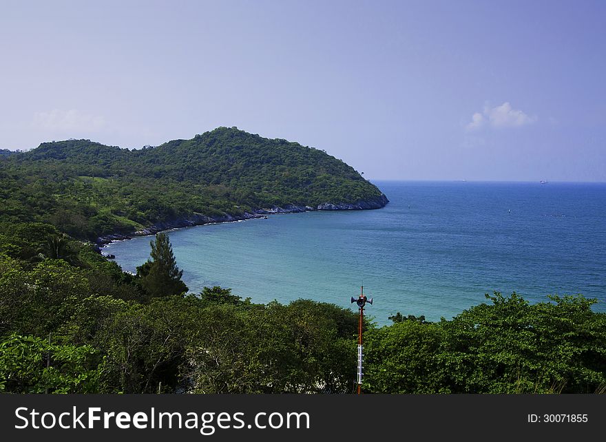 Ko Si Chang island in Thailand. Travel by sea. Sea and sky blue colors.