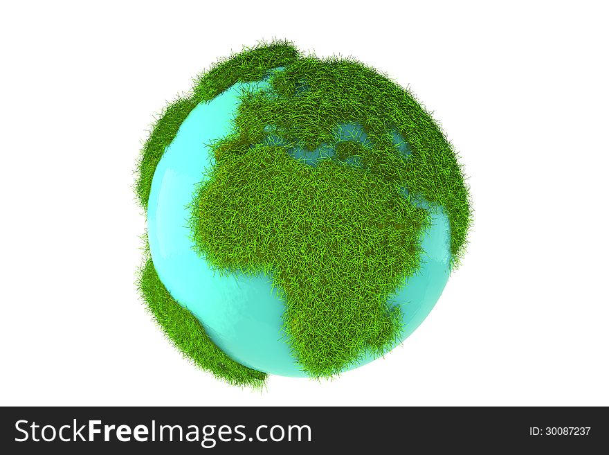Planet earth isolated on a white background with grass and blue ocean
