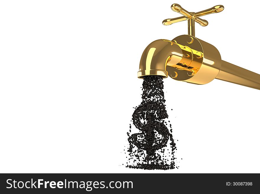 Oil from the golden pipe on a white background isolated