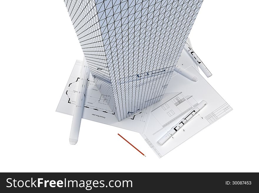 Architectural drawings and the skyscraper on a white background with reflections. Architectural drawings and the skyscraper on a white background with reflections
