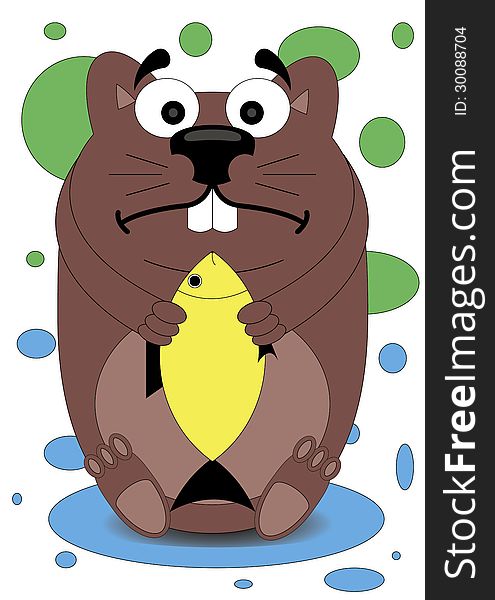 Children's illustration / beaver holds in paws a gold fish. Children's illustration / beaver holds in paws a gold fish