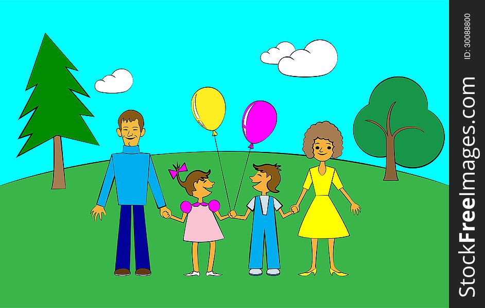 Happy family in style of children's drawing. No gradient.