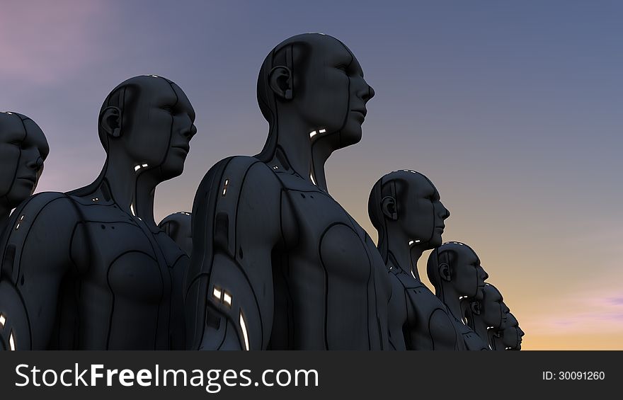 3d futuristic design. Humanoid figures and sky