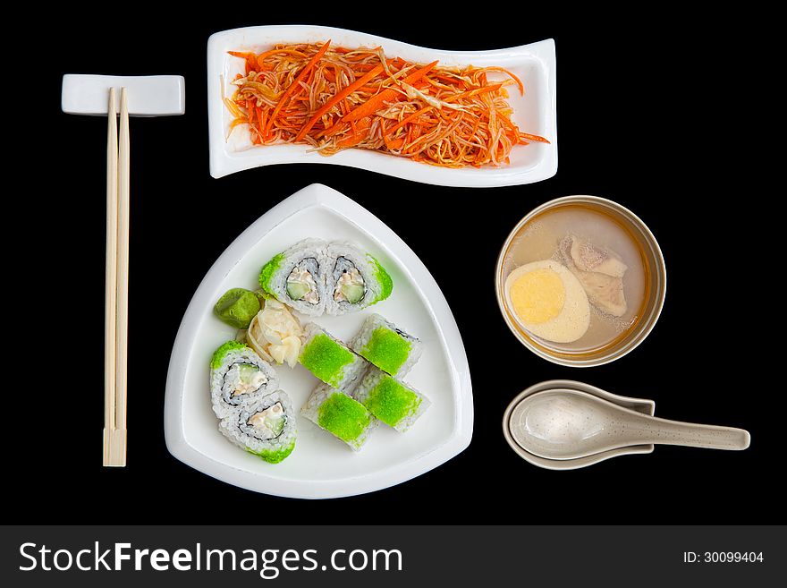 Japanese cuisine - soup, salad and sushi