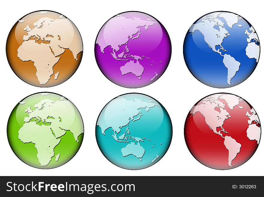 An illustration of the world showed under three different angles with six different colors. On a white background. An illustration of the world showed under three different angles with six different colors. On a white background.