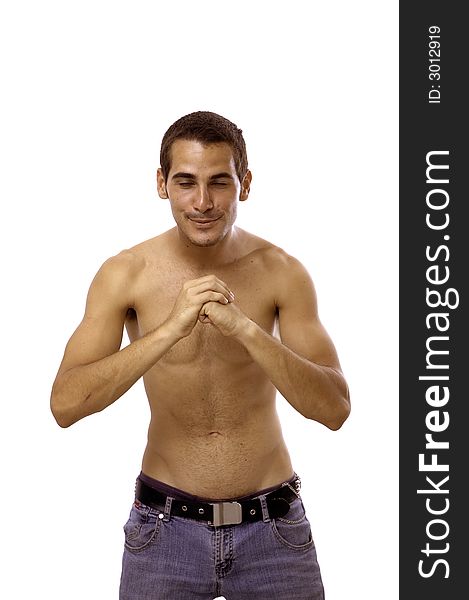 Portrait of young shirtless male practising martial arts - isolated over white background. Portrait of young shirtless male practising martial arts - isolated over white background