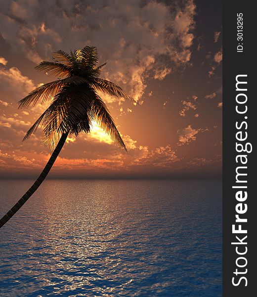 Sunset coconut palm tree on ocean coast - 3d illustration.