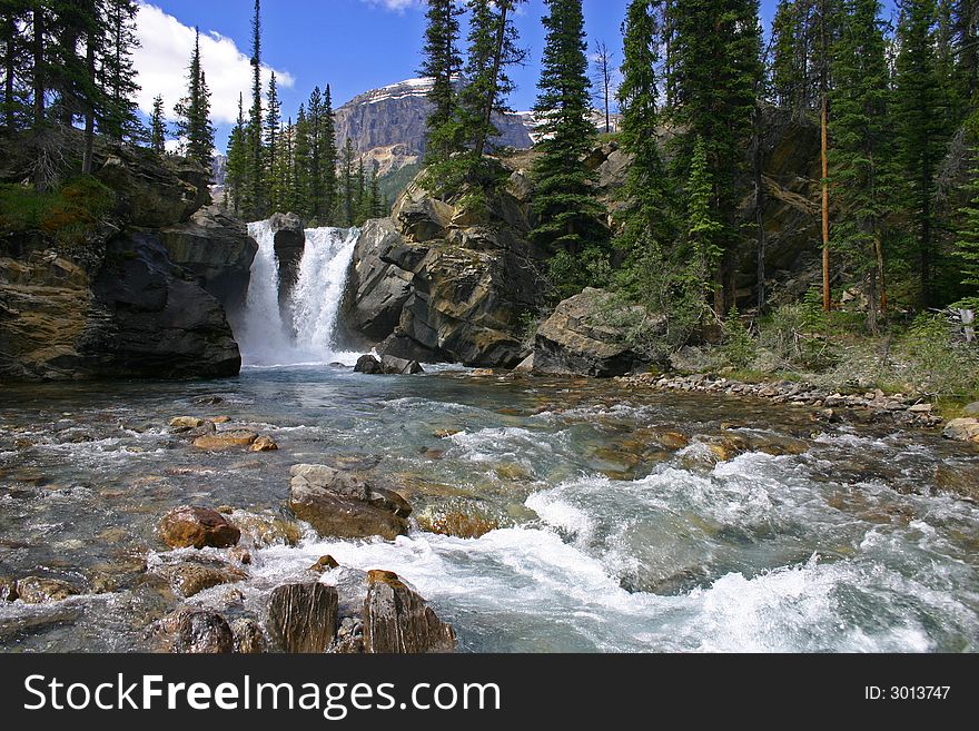 Wide angle landscape of twin waterfall and river.