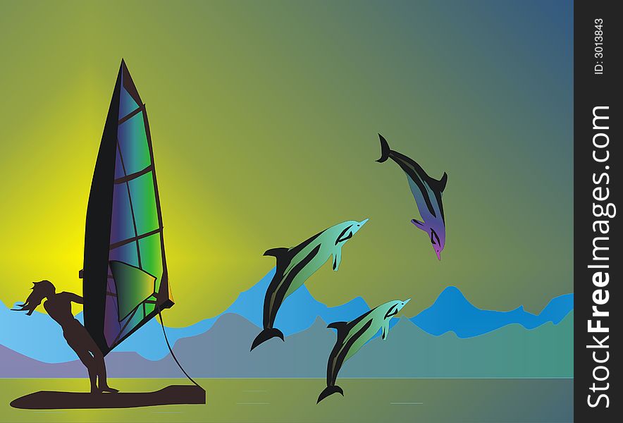 Illustration with sea, dolphins and windsurfer. Illustration with sea, dolphins and windsurfer