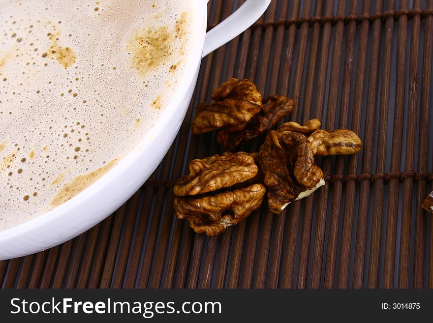 Frothy cappuccino coffee.