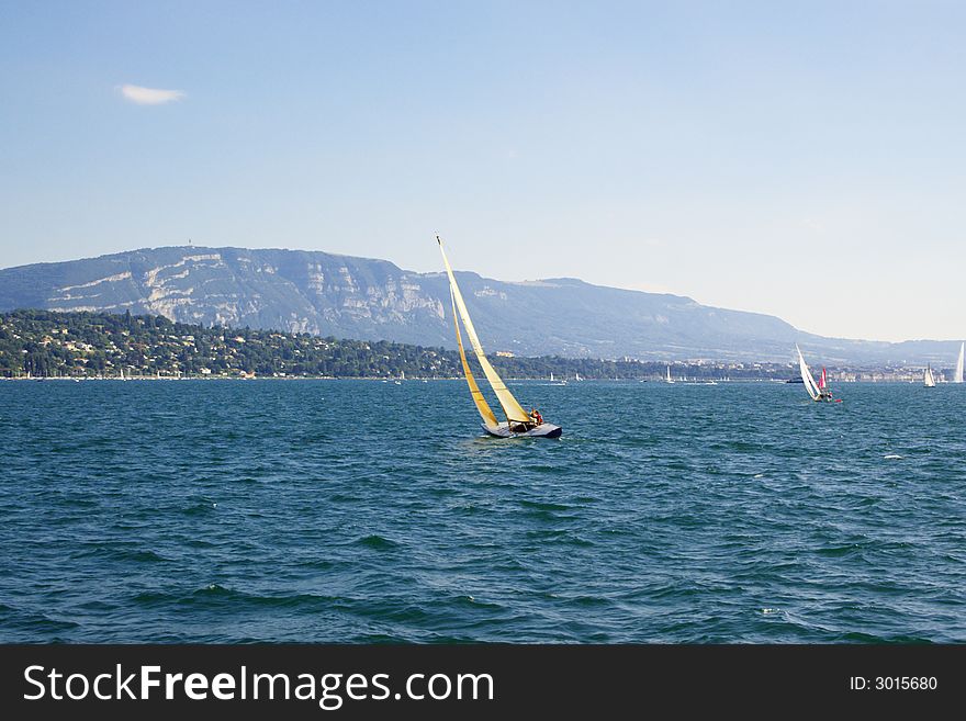 Many yachts in windy Geneva lake. Geneva, Switzerland, EU. Many yachts in windy Geneva lake. Geneva, Switzerland, EU