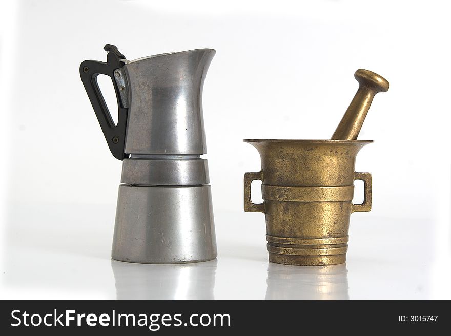 Coffee kettle and very old grinder