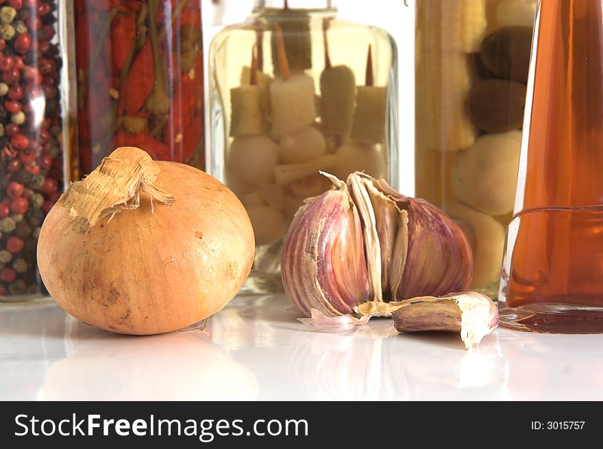 Jars Of Spices And Garlic And