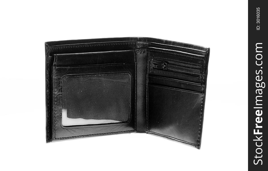 Empty black leather wallet on white