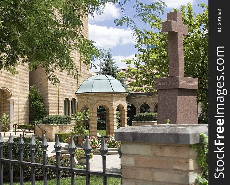 Courtyard setting of a Christian church with crosses. Courtyard setting of a Christian church with crosses