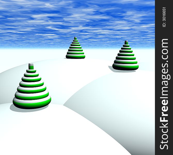 A virtual snowy world with abstract Christmas trees. A virtual snowy world with abstract Christmas trees.