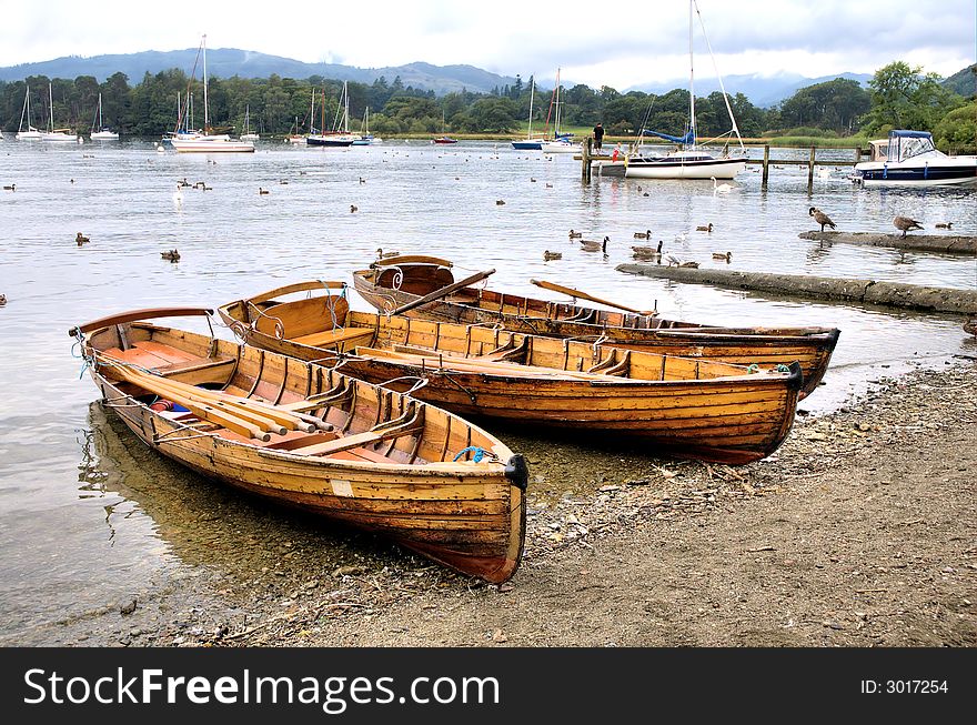 Wooden boats at the Lake District in England UK