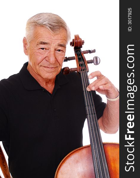 Head and shoulders portrait of a senior musician playing his cello. Isolated on white. Head and shoulders portrait of a senior musician playing his cello. Isolated on white.