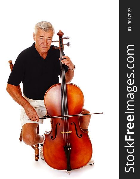 Full body portrait of a senior musician playing his cello taken from a high vantage point. Isolated on white. Full body portrait of a senior musician playing his cello taken from a high vantage point. Isolated on white.