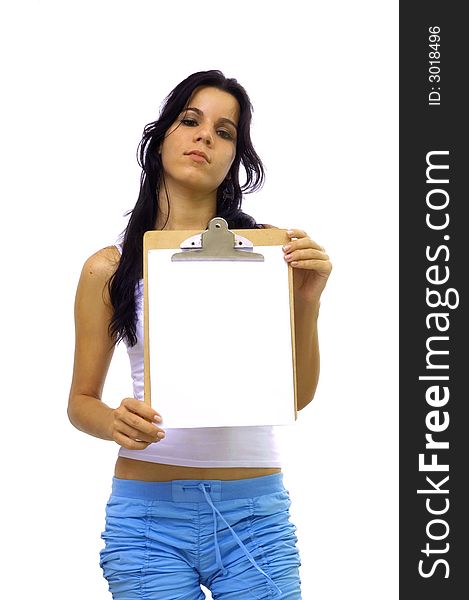 Young hispanic girl holding a blank paper - isolated over white