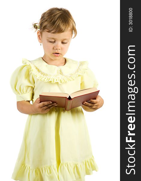 Little girl reading book. Isolate on white background.