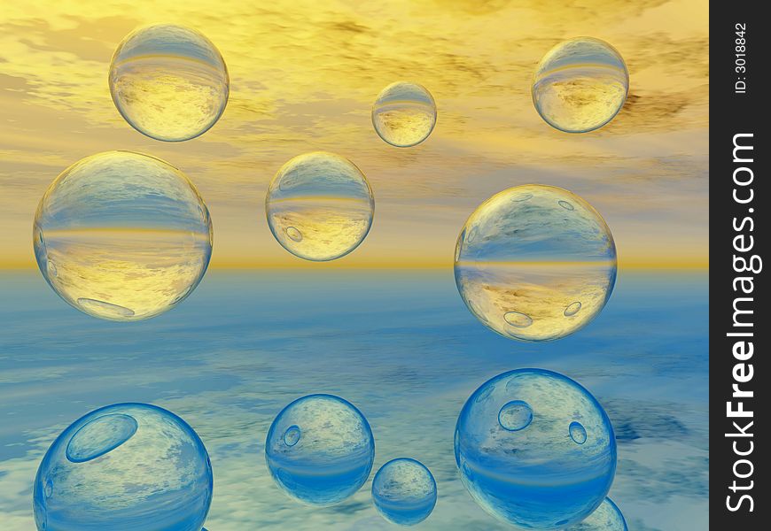 Rising water balls - digital artwork.