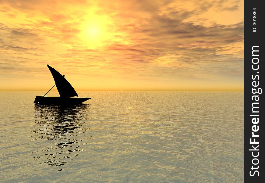 Small boat and  sunset  sky - 3d landscape scene .