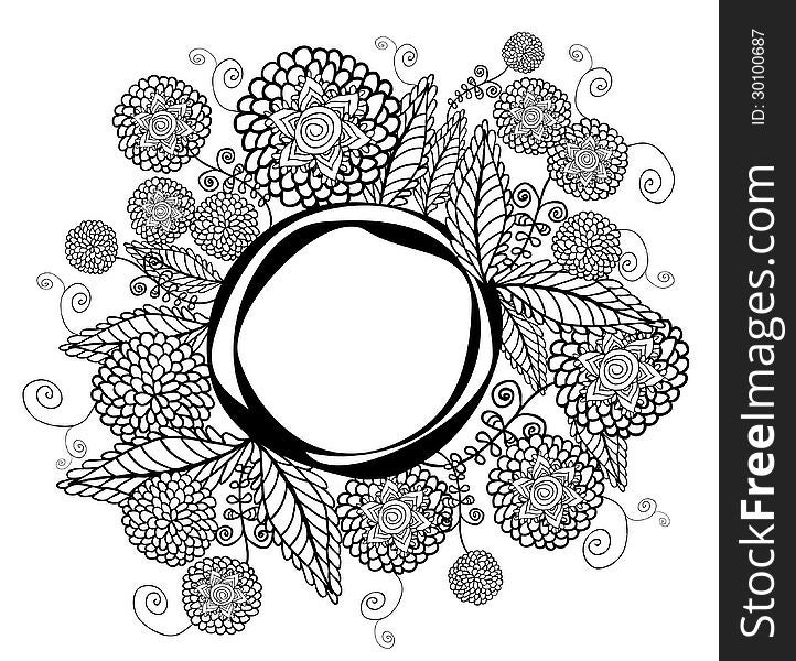 Vector graphic illustration with beautiful black and white stylized flowers around the frame. Vector graphic illustration with beautiful black and white stylized flowers around the frame