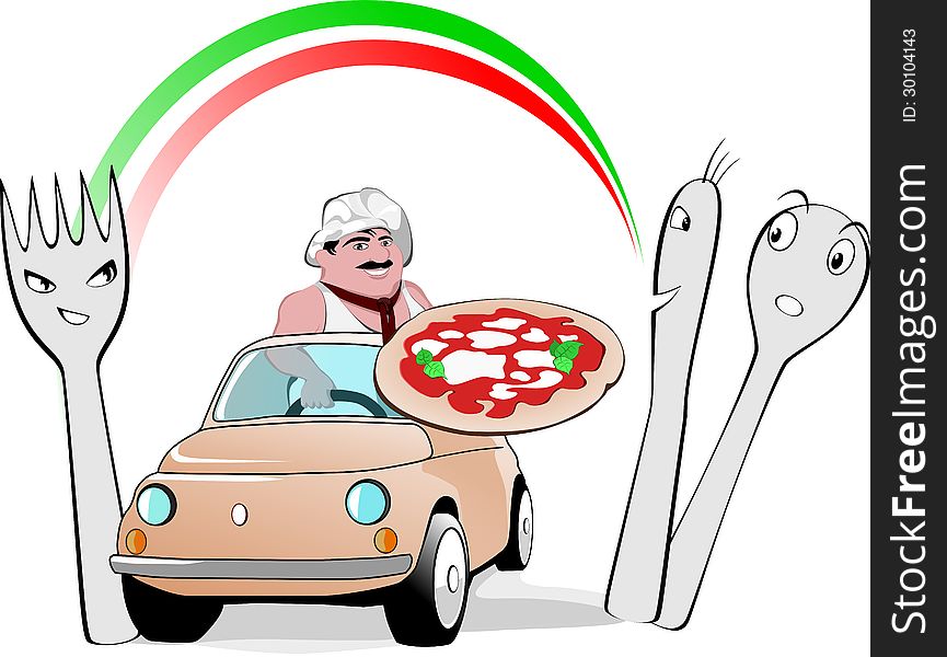 Funny illustration about typical pizza man driving in the middle of the cutlery under an italian rainbow. Funny illustration about typical pizza man driving in the middle of the cutlery under an italian rainbow